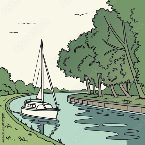Vector art of a picturesque cartoon illustration of a sailboat navigating a tranquil canal, surrounded by lush green trees and foliage, with birds soaring above, creating a serene and idyllic scene