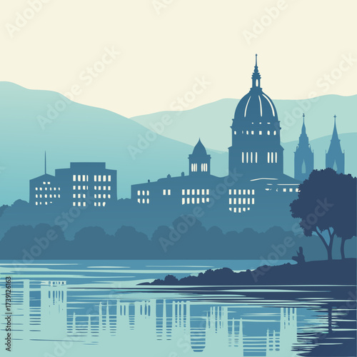 Vector art of a picturesque waterfall cascades down a rocky cliff, surrounded by lush green trees and foliage, creating a serene and tranquil scene in natures embrace, a perfect escape to the wild