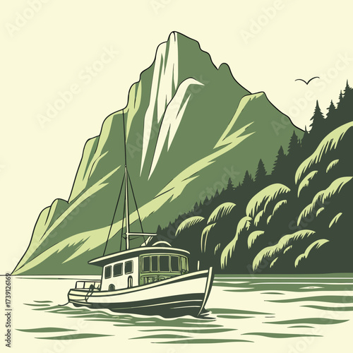 Vector art of a serene vector illustration of a boat sailing on calm waters with a majestic mountain backdrop, evoking a sense of adventure and tranquility in a minimalist, stylized design