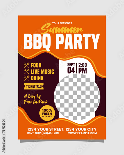 Summer BBQ Party Vertical Portrait Flyer or Poster Orange And Yellow, BBQ invitation poster vector template design.