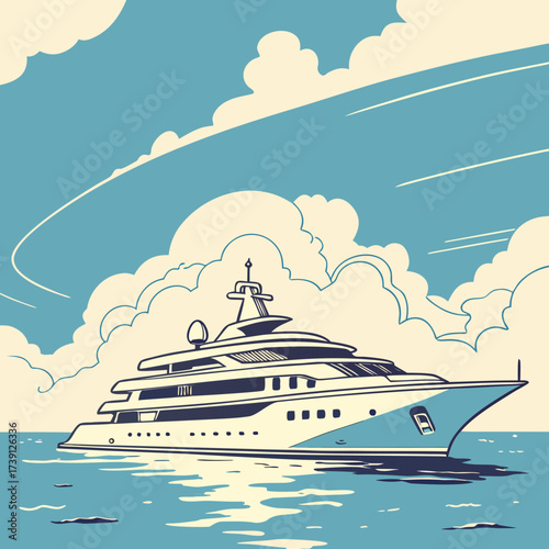 Vector art of a luxurious yacht gracefully glides across the tranquil waters, beneath a serene sky adorned with fluffy clouds, creating a picturesque scene of opulence and relaxation