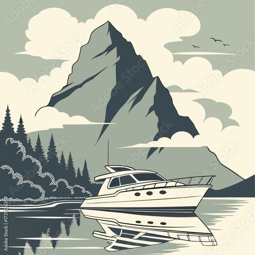 Vector art of a captivating illustration showcases a luxurious yacht gracefully sailing along the picturesque lake, with a majestic mountain as a backdrop, creating a serene scene
