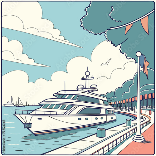 Vector art of a captivating illustration showcases a luxurious yacht gracefully sailing along the picturesque coastline, with fluffy clouds and a clear sky as a backdrop, creating a serene scene