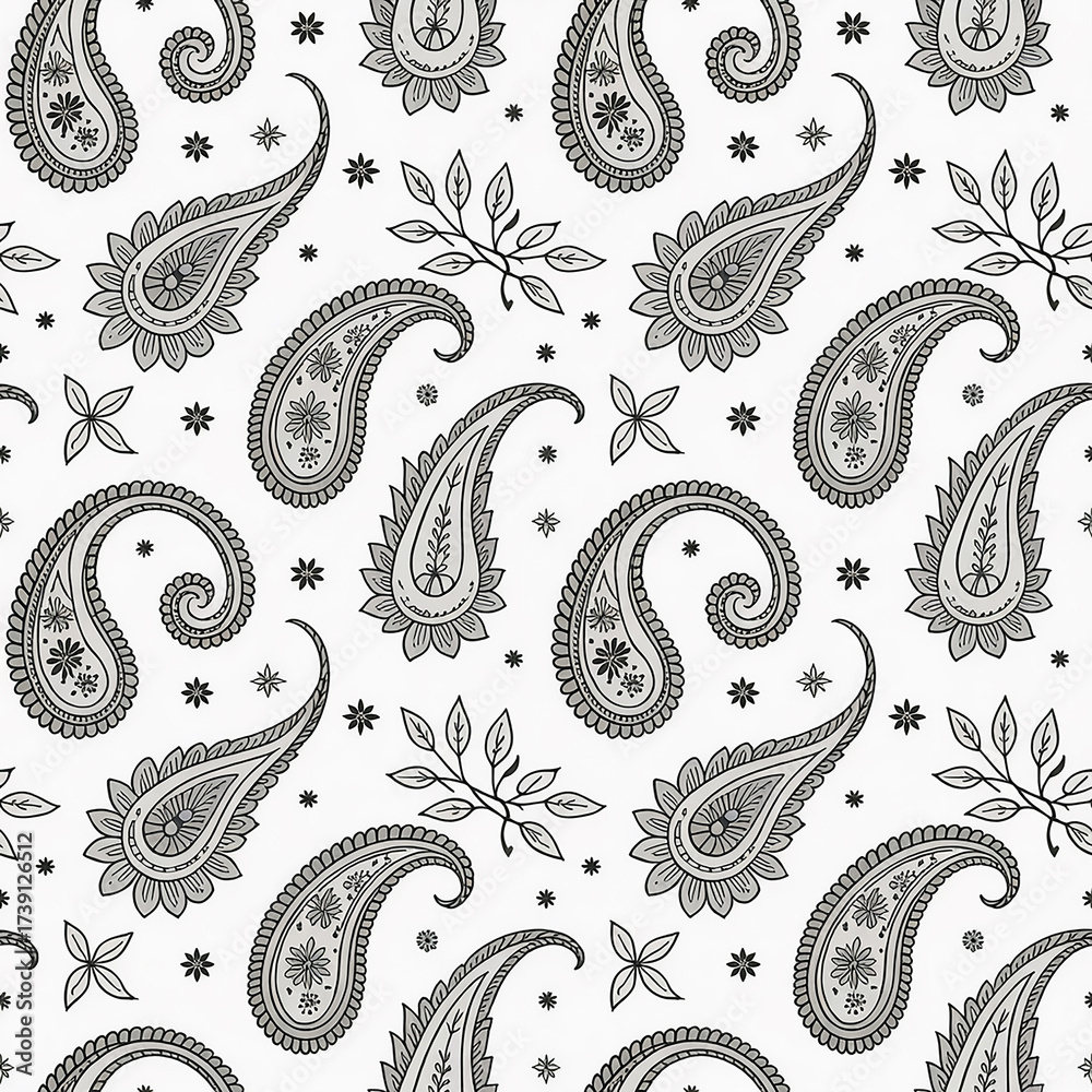 Naklejka premium White Background Monochrome Paisley Pattern Intricate Leaves 