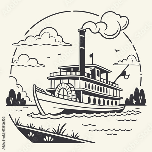 Vector art of a vintagestyle illustration of a steamboat on the water, complete with a smokestack and paddlewheel, set against a backdrop of clouds and foliage