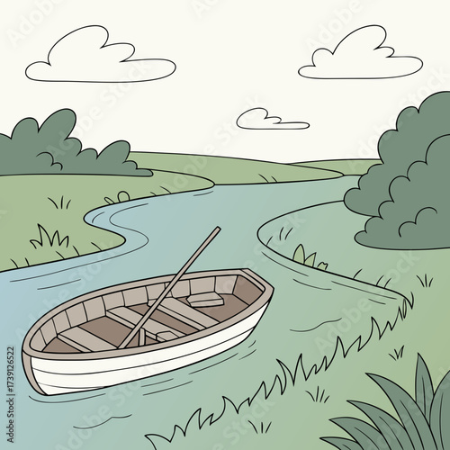 Vector art of a charming garden scene featuring a classic fountain surrounded by lush greenery, vibrant flowers, and gentle birds in flight, a serene and picturesque landscape