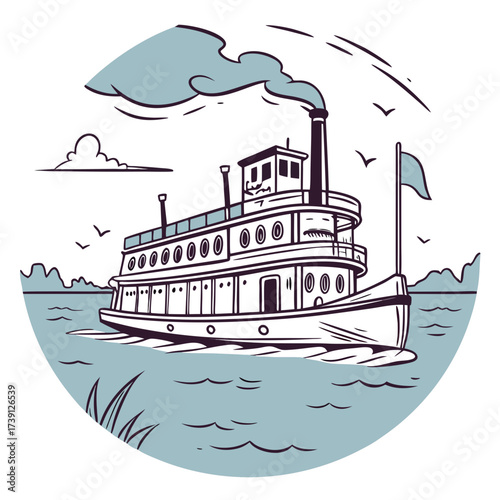 Vector art of a charming vintagestyle illustration showcases a steamboat cruising on a river, complete with smoke billowing from its chimney, evoking a sense of nostalgia and adventure on the water