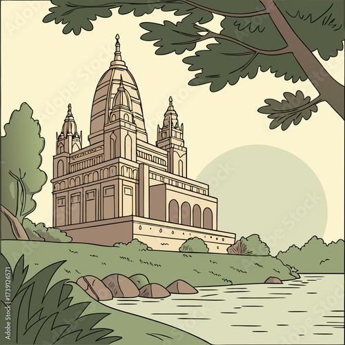 Vector art of a majestic temple stands proudly on a grassy hill by a serene lake, framed by lush trees and a soft sky, creating a tranquil and timeless scene of cultural heritage and natural beauty
