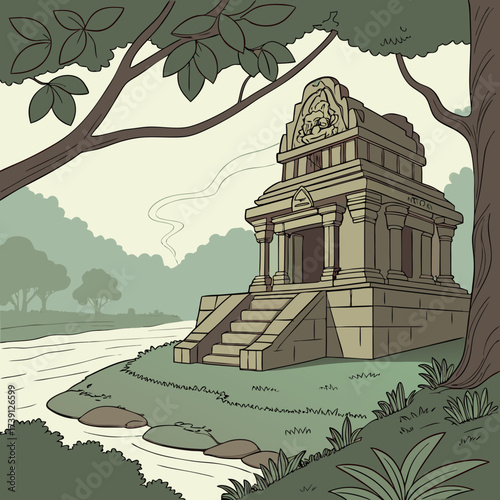 Vector art of a captivating illustration portrays an ancient temple standing proudly by a gentle river, embraced by verdant trees and foliage, creating a scene of tranquility and historical charm