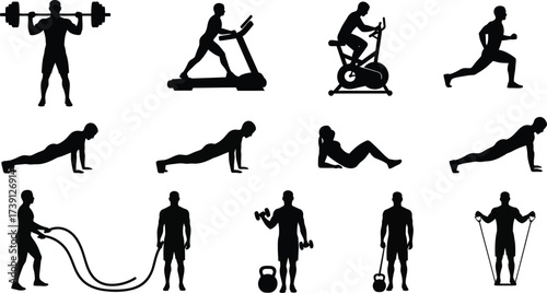 Fitness and workout silhouette set of exercise figures, including weightlifting, treadmill, cycling, and stretching