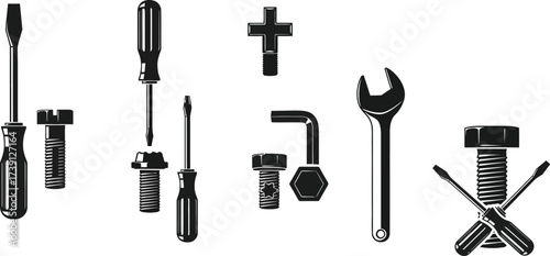 Silhouette collection of tools, including screwdriver, wrench, bolt, screw, and allen key for repair and construction