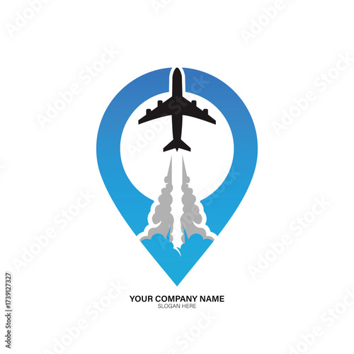 Minimalist travel agency logo vector art of airplane taking off from a blue location pin, symbolizing travel and aviation