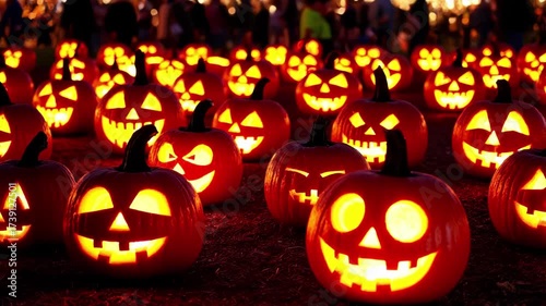 Rows of carved jack-o’-lanterns glowing at night during PumpkinFest