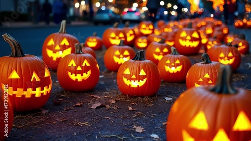 Rows of carved jack-o’-lanterns glowing at night during PumpkinFest