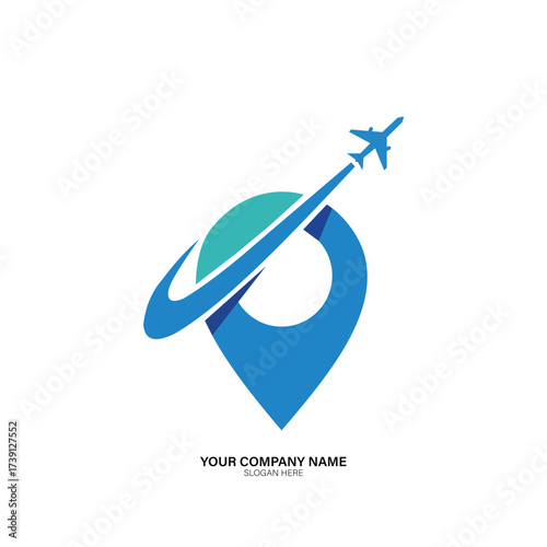 Minimalist travel company logo vector art of blue location pin with a swoosh and airplane flying around it