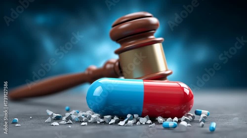 A close-up of a judge’s gavel striking down on a capsule pill, symbolizing drug control laws. Medicine regulation by law and legal drug enforcement.