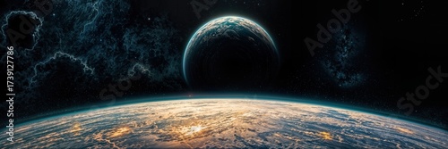 View of Earth from space with a distant celestial body in the background