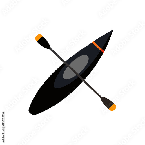 Black kayak with paddle isolated on transparent background