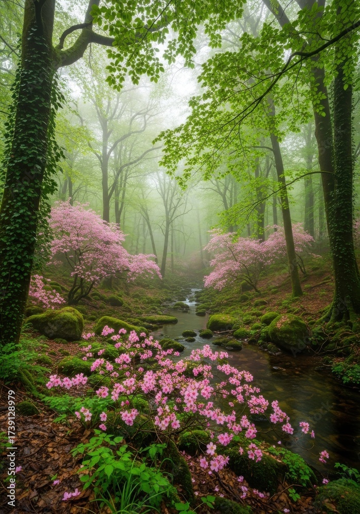 Fototapeta premium Enchanted forest stream with vibrant azaleas and ethereal misty ambiance