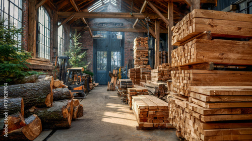 Woodworking shop filled with stacks of lumber and logs during bright daylight hours