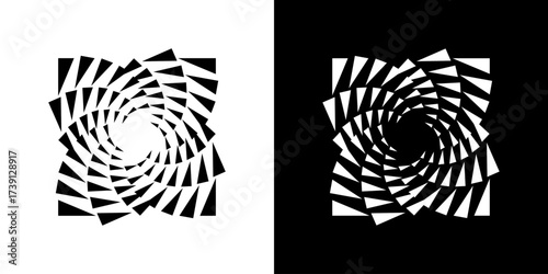 Spiral optical illusion abstract vector design with repeating geometric elements in black-and-white contrast, creating a dynamic and stunning visual effect.