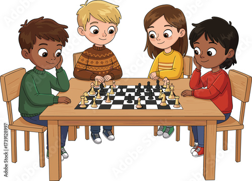 Group of diverse kids playing chess at wooden table, children learning strategy game, teamwork, fun education, cartoon vector illustration design