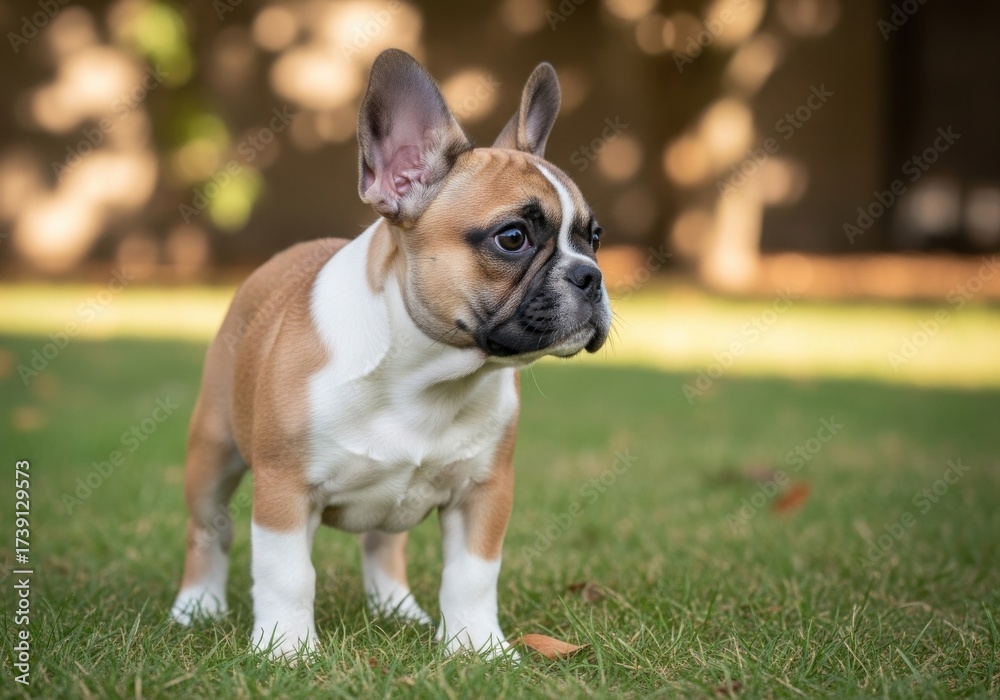 Fototapeta premium Charming French Bulldog Puppy Standing Alert in a Green Lawn Setting