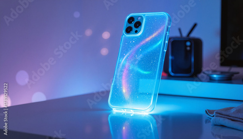 Smartphone case illuminated with colorful lights on modern table  