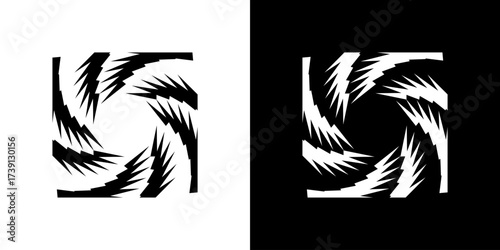 Spiral optical illusion abstract vector design with repeating geometric elements in black-and-white contrast, creating a dynamic and stunning visual effect.