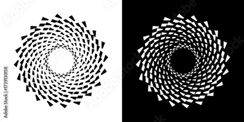 Spiral optical illusion abstract vector design with repeating geometric elements in black-and-white contrast, creating a dynamic and stunning visual effect.