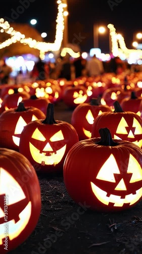 Rows of carved jack-o’-lanterns glowing at night during PumpkinFest