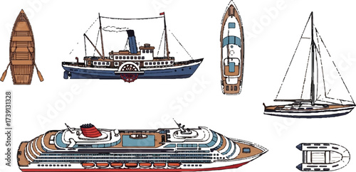 The image shows a collection of six different types of boats, drawn in a cartoonish style.