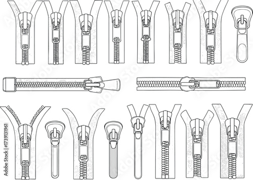 Zipper design elements collection, sewing accessory, garment closure, textile fashion tool, clothing hardware vector, detailed zip pullers, manufacturing and tailoring illustration