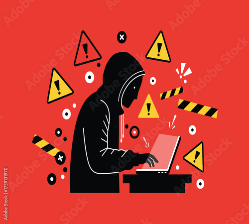 Hooded Hacker with Laptop and Binary Code — Cybersecurity Vector Illustration