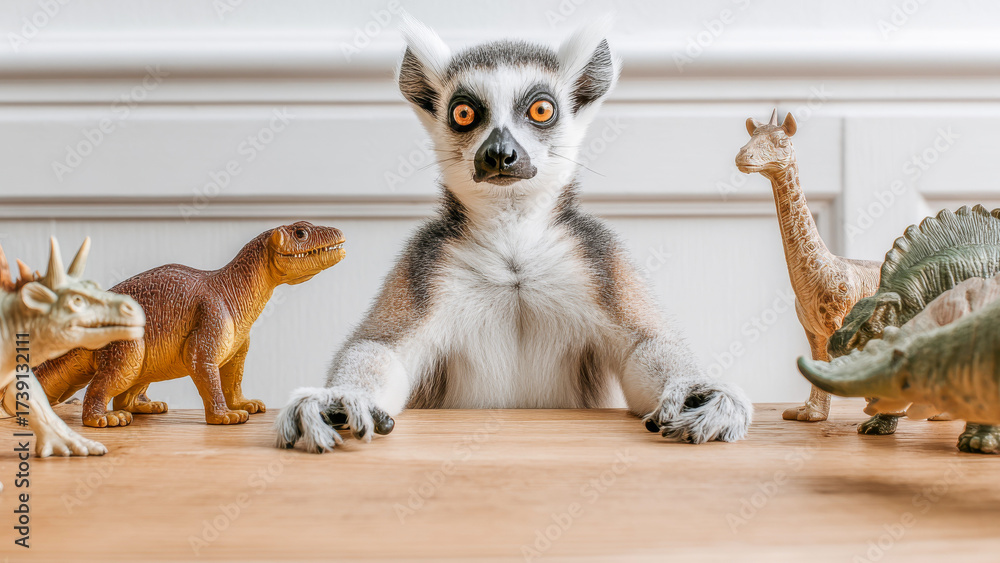 Obraz premium Lemur surrounded by dinosaur toys engages in playful imagination at a cozy table setting