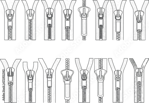 Zipper vector collection, clothing accessory design, garment closure detail, fashion sewing hardware, textile fastener illustration, tailoring tool elements, puller types set