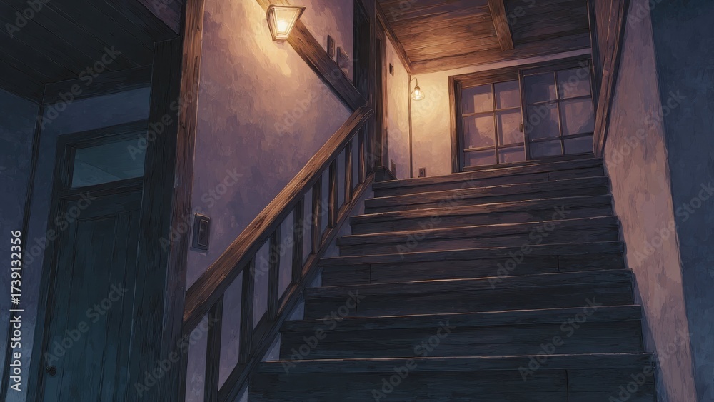 Obraz premium アニメ風の木造階段と夜の室内照明_1