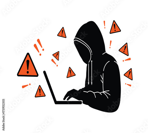 Hooded Hacker with Laptop and Binary Code — Cybersecurity Vector Illustration