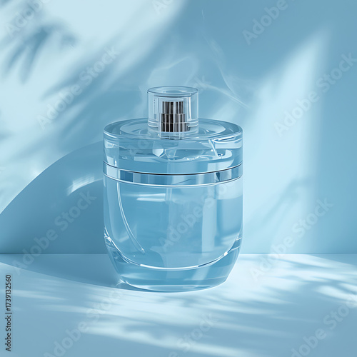 A Glass Perfume Bottle without Brand Label Close up in Soft Blue background with natural light and soft shadow, Perfect for Cosmetic and Perfume Brand