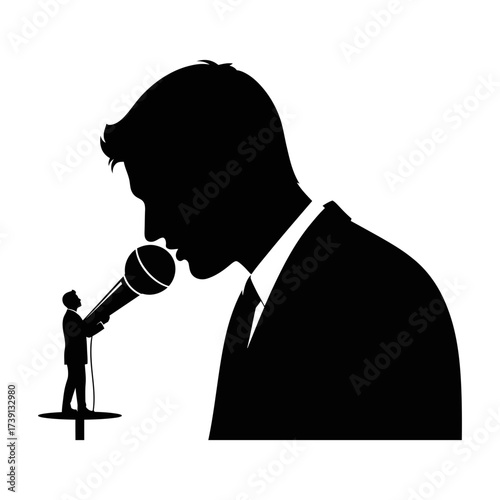Conceptual silhouette of a powerful man speaking, symbolizing corporate influence and public address