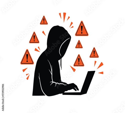 Hooded Hacker with Laptop and Binary Code — Cybersecurity Vector Illustration