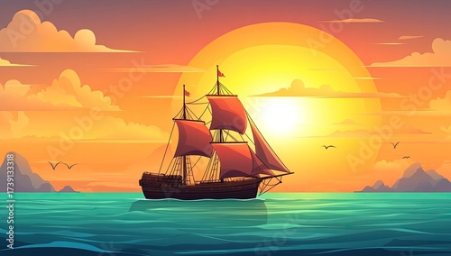 Red-sailed ship floats on ocean before a large golden sunset