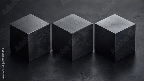 Three metal cubes, dark, rough surface, minimal layout