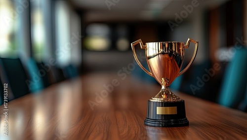Shiny gold trophy sits on a wood table in office