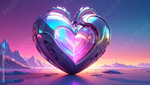 Enchanting holographic heart design in the center of a frozen lake with a futuristic glow and minimalist aesthetic