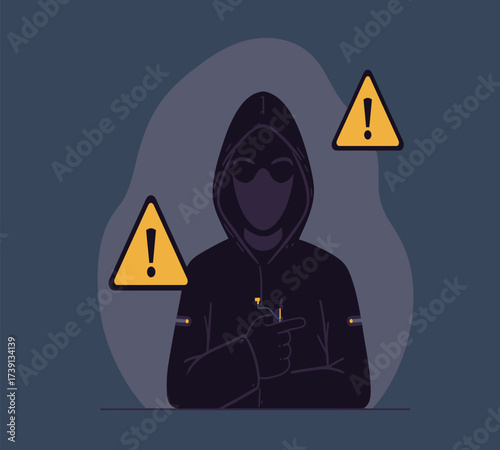 Hooded Hacker with Laptop and Binary Code — Cybersecurity Vector Illustration