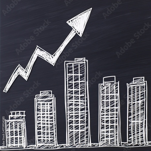 City skyline graph, upward arrow, chalk drawing on dark board