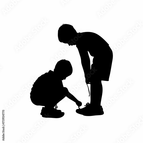 Silhouette of a boy tying shoelaces quickly isolated on white background