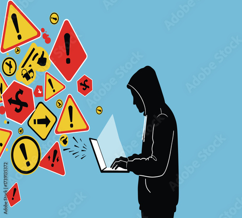 Hooded Hacker with Laptop and Binary Code — Cybersecurity Vector Illustration