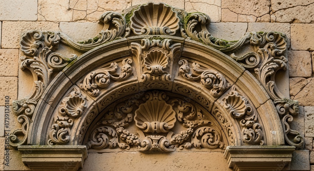 Obraz premium Detailed stone carvings of an archway with shell designs and embellishments